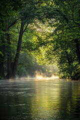 Fototapeta premium A serene river scene within a verdant forest, where the sunlight filters through the trees to create a misty reflection on the water's surface.