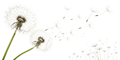 Dandelions releasing seeds into the air on a calm day in a natural setting under soft sunlight Transparent PNG dandelion, seeds, nature, breeze, sunlight, flowers, plant, spring, outdoor, calm, white,