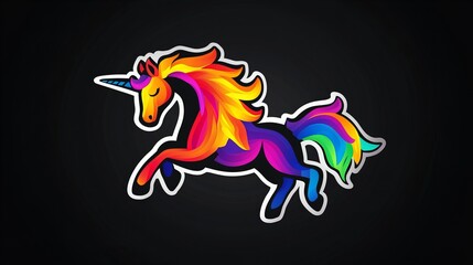 Vibrant rainbow unicorn leaping across a dark background. A magical, colorful creature.