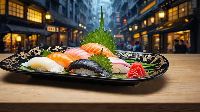 Set of sushi and rolls in plate on wooden table with blurred japanese street in background. A row of different types of seafood on tray.