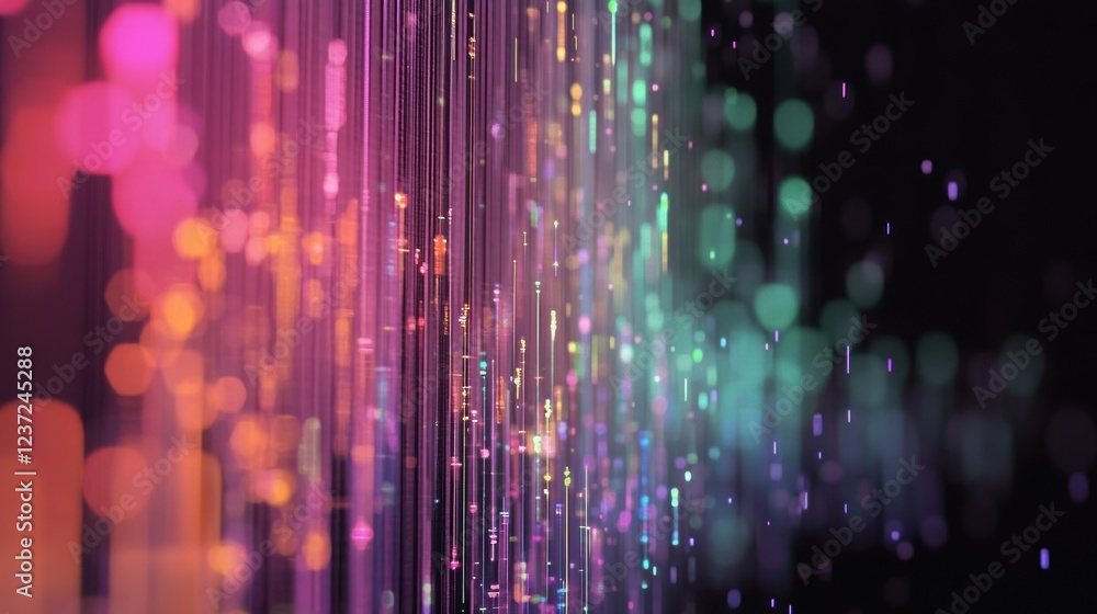 Poster colorful particles falling and creating glowing trails with bokeh effect, resembling digital rain, i