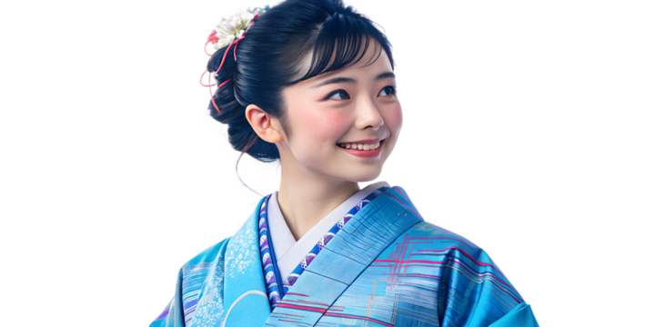 Young woman in traditional blue kimono smiles brightly while showcasing intricate hair details and elegant attire in a studio setting Transparent PNG
