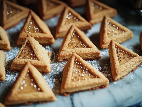Sweet holiday pastries with sugar and triangular design.