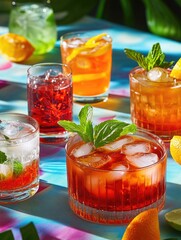 Colorful assortment of fruity beverages on a table, suitable for social events or warmer weather.