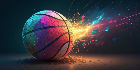 Fototapeta premium Colorful basketball bursting with energy and light in an artistic digital representation of sport and motion generated AI 
