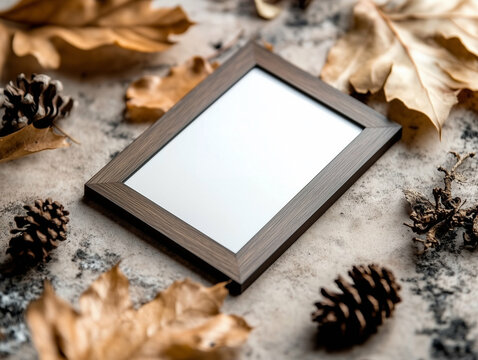 Picture frame with autumn leaves and pine cones on a textured surface. Empty picture frame surrounded by dry leaves and pine cones