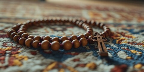 A simple rosary with a crucifix pendant, placed on a patterned rug surface.