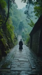 Fototapeta premium Monk on mountain path, misty forest, ancient architecture, spiritual journey, travel photography.