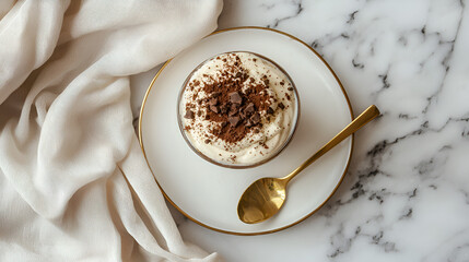 A decadent chocolate dessert, topped with whipped cream and cocoa powder, sits on a marble surface.