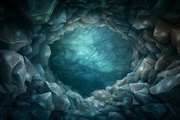 Obraz premium Mystical underwater cave with rocky walls and shimmering turquoise water