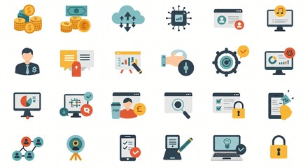 Minimalistic icons with a flat design style, covering essential business and tech concepts