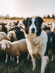Sheepdog guarding a flock of sheep. AI.