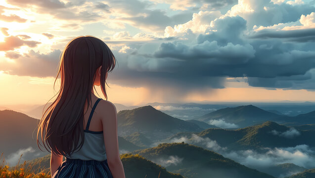 Landscape capture of anime girl back shot generative ai 899