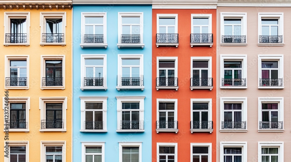 Poster colorful buildings with multiple windows in a vibrant urban setting during daylight hours
