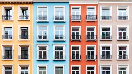 Naklejka premium Colorful buildings with multiple windows in a vibrant urban setting during daylight hours