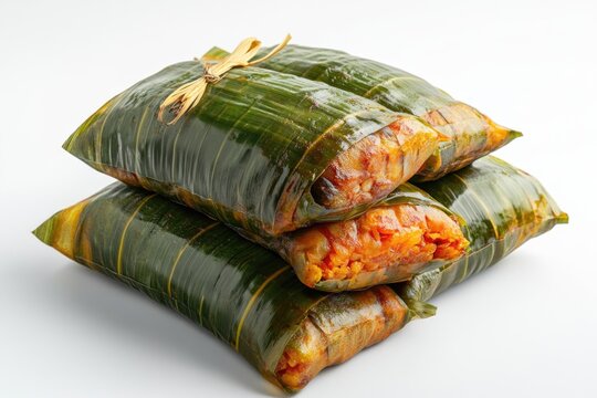 This image features several packages of empanadas, a popular Latin American food. The empanadas are wrapped in banana leaves and secured with string for easy handling and storage.