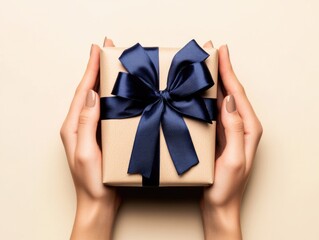 Woman's hand holding a small, neatly wrapped gift with a blue ribbon. The image evokes a sense of celebration and joyful anticipation often associated with gift-giving.
