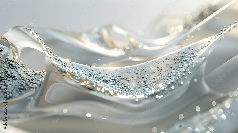 Poster an abstract composition of flowing transparent material with shimmering particles.