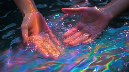 Hands Emerging From A Pool Of Iridescent Paints