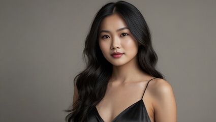 Beautiful Asia woman with long wavy black hair wearing a black satin spaghetti strap top Genetrativ Ai 84
