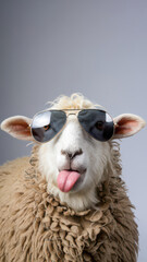 Obraz premium Sheep in sunglasses sticking out its tongue.