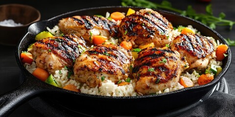Grilled chicken with vegetables and rice, presented in a sizzling pan.