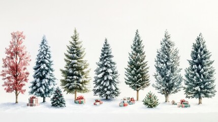 Obraz premium Festive snow-covered christmas trees with colorful gifts in winter wonderland