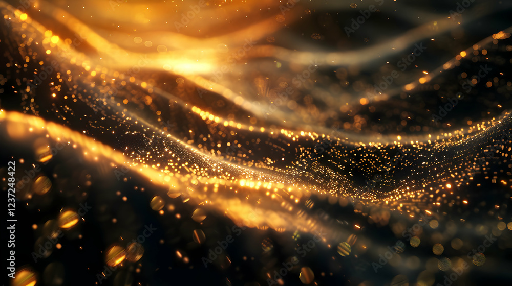 Poster a shimmering wave of golden particles creating an ethereal and dynamic visual effect.
