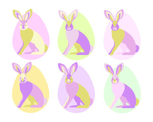 Modern, bright, vector clipart. Collection, set of illustrations of Easter bunny and colored Easter eggs.