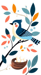 A colorful illustration of a bird perched on a branch near its nest, surrounded by vibrant leaves and eggs.