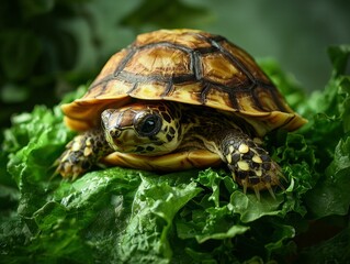Obraz premium A baby tortoise rests on fresh greens. AI.