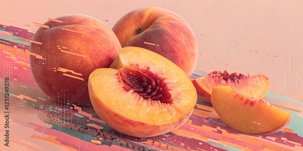 Poster fresh peaches displayed on a colorful surface in natural light with one peach sliced open revealing 