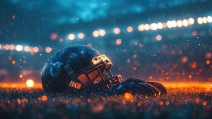 American football helmet on rainy field during night game with stadium lights