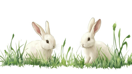 Obraz premium Two white rabbits relaxing in green grass on transparent background