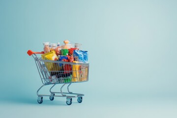 shopping cart full of products on white background isolated.