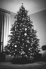 Fototapeta premium Illuminated Christmas tree with ornaments and presents, set in a cozy indoor environment.