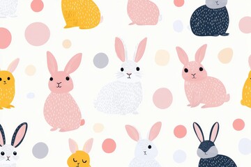 Pastel-colored bunnies in various poses and colors for a playful, adorable design.