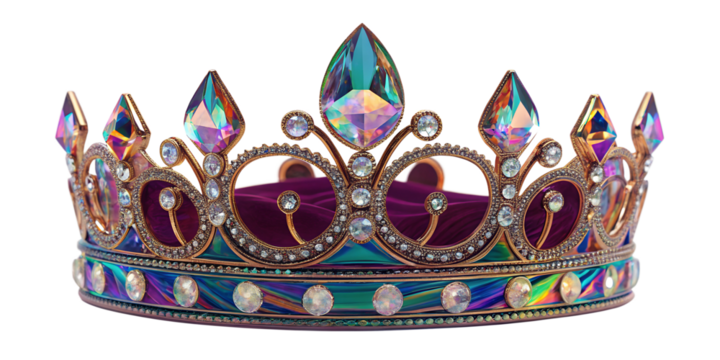 Colorful crown adorned with sparkling jewels showcased on a white background for celebration and event decoration Transparent PNG