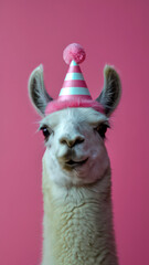 Fototapeta premium Llama in a pink party hat against a pink background.