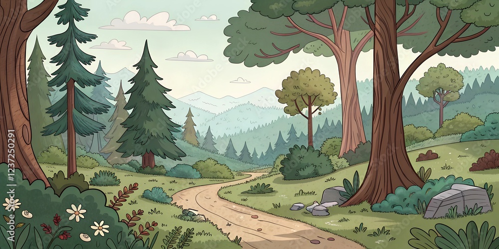 Poster serene landscape with a winding path surrounded by tall trees and mountains in a calm afternoon sett