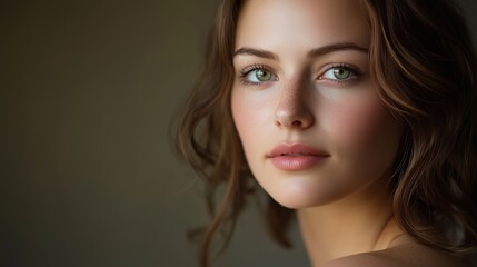 Naklejka premium Radiant Woman with Flawless Skin in Soft Studio Lighting