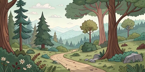 Serene landscape with a winding path surrounded by tall trees and mountains in a calm afternoon setting