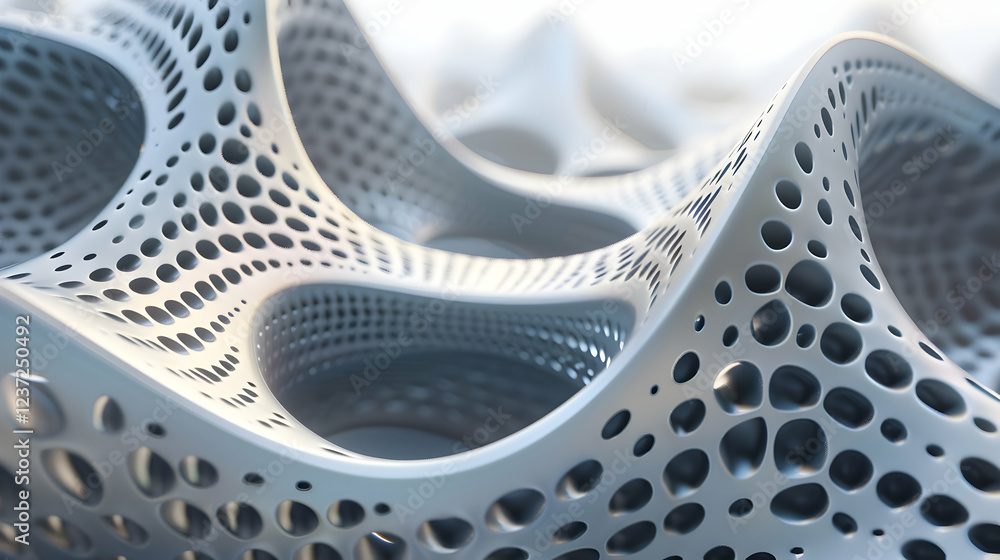 Poster abstract structure with perforated patterns, showcasing fluidity and modern design.
