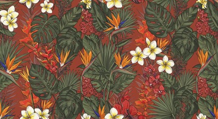 Seamless patterns with tropical leaves and exotic flowers for packaging or fabric design