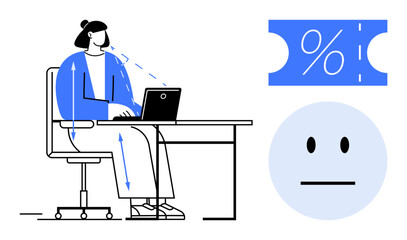 Woman working on laptop at desk, arrows indicating movement, discount coupon icon, neutral face icon. Ideal for productivity, work-life balance, e-commerce, discount promotions, mental health