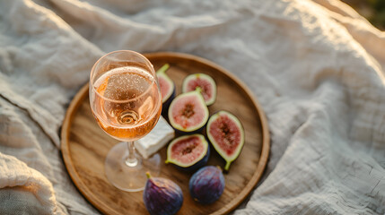 Relaxing outdoor setting with a glass of ros?, fresh figs, and cheese on a wooden tray.