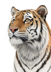 Fototapeta premium Detailed portrait of a majestic tiger showcasing its vibrant fur patterns and striking gaze against a neutral background Transparent PNG
