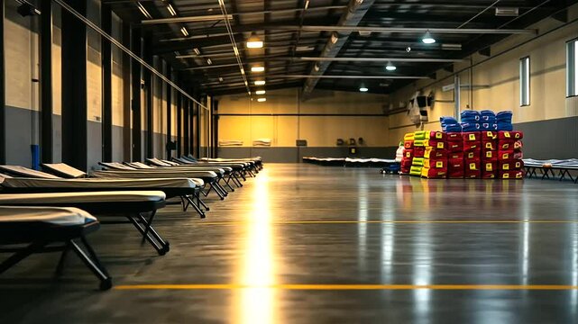 Rows of cots in a gym under dim emergency lighting, with relief supplies stacked in one corner, symbolizing disaster preparedness.
