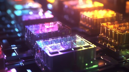 Innovative production line manufacturing transparent electronic components with integrated circuits, creating a high tech and futuristic atmosphere of advanced technology