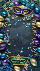 Naklejka premium Festive masks and decorative eggs for a vibrant celebration.